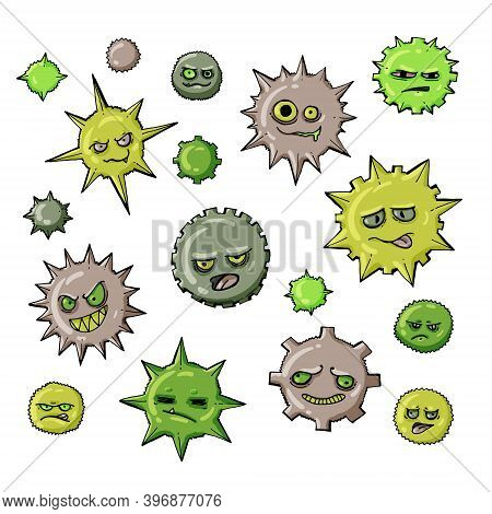 Collection Of Colorful Cartoon Characters Of Viruses And Bacteria With Different Emotions. Vector Il
