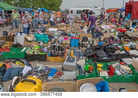 Novi Sad, Serbia - June 2, 2018: People At Famous Najlon Pijaca Big Flea Market In Novi Sad, Serbia.