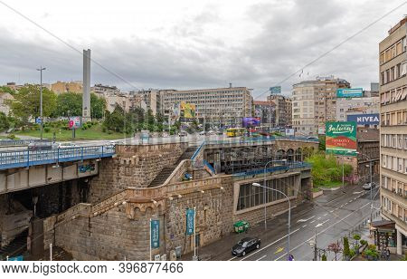 Belgrade, Serbia - April 27, 2019: Obelisk Monument And Branko Bridge Structure Pillar In Belgrade, 