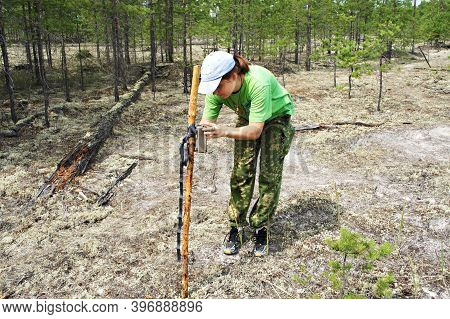 Girl Zoologist Sets A Camera Trap For Observing Wild Animals In The Taiga Forest To Collect Scientif