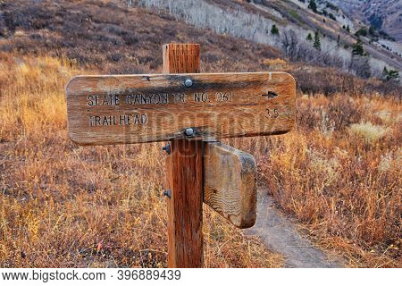 Trail Sign On The Y Trail, Provo Peak Hiking Trail By Y Mountain, Up Slide Canyon And Slate Canyon, 