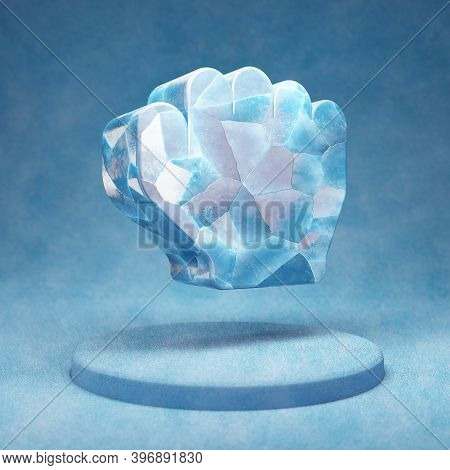 Hand Rock Icon. Cracked Blue Ice Hand Rock Symbol On Blue Snow Podium. Social Media Icon For Website