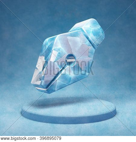 Pen Nib Icon. Cracked Blue Ice Pen Nib Symbol On Blue Snow Podium. Social Media Icon For Website, Pr