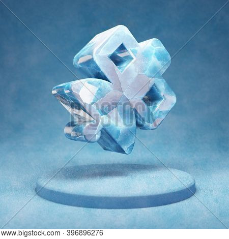 Satelite Icon. Cracked Blue Ice Satelite Symbol On Blue Snow Podium. Social Media Icon For Website, 