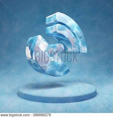 Satelite Dish Icon. Cracked Blue Ice Satelite Dish Symbol On Blue Snow Podium. Social Media Icon For