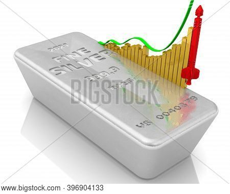 The Rise In The Value Of Silver. One Ingot Of 999.9 Fine Silver And A Graph Of Rapid Growth With Con