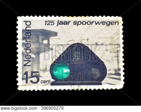 Netherlands - Circa 1964: Cancelled Postage Stamp Printed By Netherlands, That Shows Railroad Light 