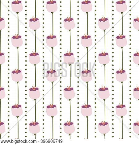 Pink, Purple, And Green Tulip And Polka Dot Stripes Seamless Pattern Background