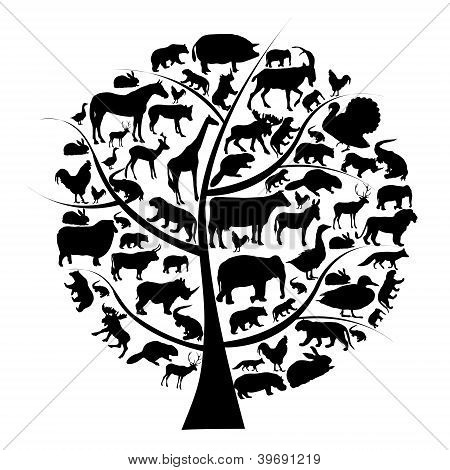 Vektor Gruppe von Tieren Silhouette auf den Baum.