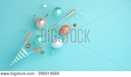 Happy New Year 2021 Background Concept With Popper Cone, Firework Rocket, Balloon, Ribbon, Copy Spac