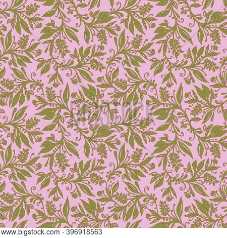 Floral Seamless Pattern With Leaves And Berries In Chartreuse Green, Pink, Wine Red Colors, Hand-dra