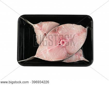 Spanish Mackerel Slice Or Spotted Mackerels In Black Plastic Box Isolated On White  Background  ,inc
