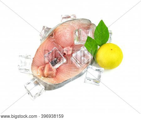 Spanish Mackerel Slice Or Spotted Mackerels With Lemon And Leaf Basil And Ice Cube Isolated On White