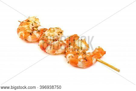 Roasted Peeled Prawn With Skewer Isolated On White Background ,grilled Shrimp