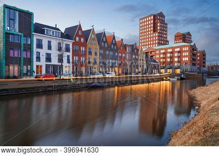 Amersfoort, Netherlands cityscape in the Vathorst district at twilight.