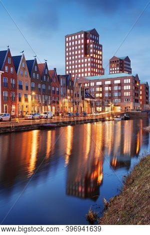 Amersfoort, Netherlands cityscape in the Vathorst district at twilight.