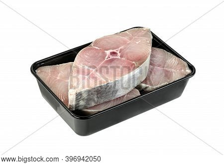 Spanish Mackerel Slice Or Spotted Mackerels In Black Plastic Box Isolated On White  Background ,scom
