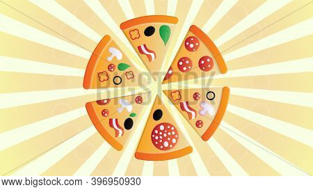Pizza With Filling On A White-orange Retro Background, Vector Illustration. A Lot Of Pizza Slice Wit