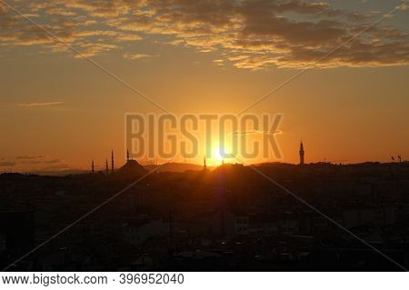 Sunrise In Istanbul (turkey), With The Domes And Minarets Of The Mosques On The Horizon.
