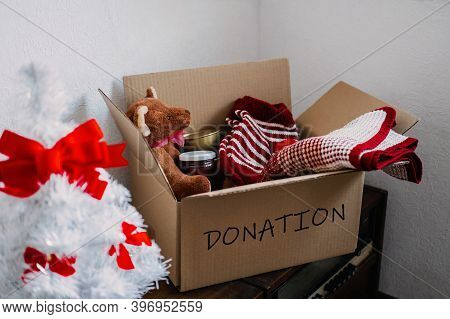 Christmas Donation Hampers, Help Refugees And Homeless. Xmas Charity Donation Box With Warm Clothes,