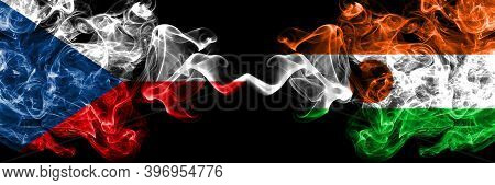 Czech Republic, Czech Vs Niger, Nigerien Smoky Mystic Flags Placed Side By Side. Thick Colored Silky