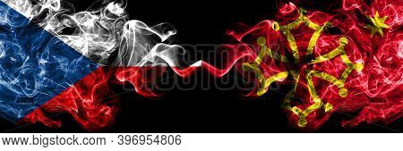 Czech Republic, Czech Vs Occitania Smoky Mystic Flags Placed Side By Side. Thick Colored Silky Abstr