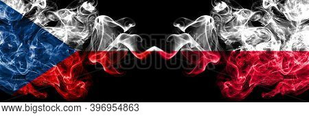 Czech Republic, Czech Vs Poland, Polish, Pole Smoky Mystic Flags Placed Side By Side. Thick Colored 