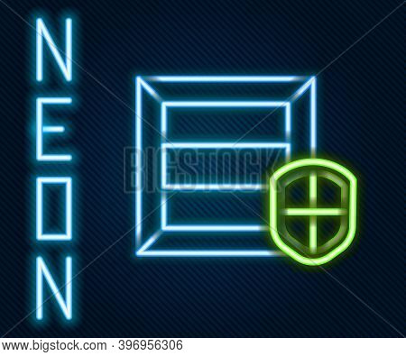 Glowing Neon Line Delivery Pack Security With Shield Icon Isolated On Black Background. Delivery Ins