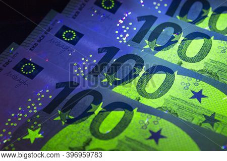 Euro Currency In Uv Light Protection.euro In Uv Light.euro Currency In Uv Light Protection.