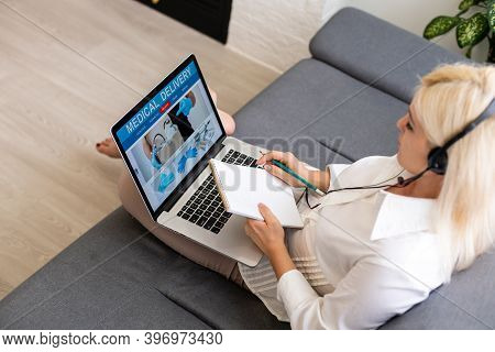 Woman Choosing Medication Online Pharmac. Purchase Of Drugs And Medicine Online.