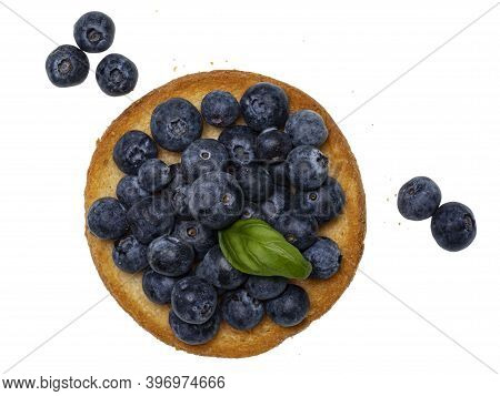 Top View Of Golden Toasted Round Rusk Toast Aka Beschuit With Blueberries On Top And On The Side. Is
