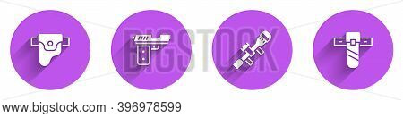 Set Gun In Holster, Pistol Or Gun, Sniper Optical Sight And Knife Icon With Long Shadow. Vector