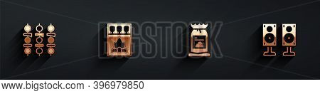 Set Grilled Shish Kebab, Matchbox And Matches, Barbecue Coal Bag And Stereo Speaker Icon With Long S