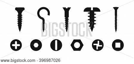 Screw Nut Bolt Silhouette Collection. Vector Blat Tools Set.