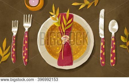 Drawing Of Autumn Table Setting. Watercolor Background With Plates, Knife, Forks, Spoon, Autumn Leav