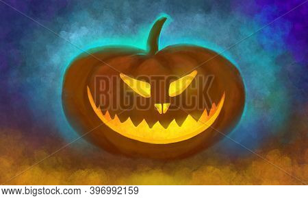 Drawing Of A Pumpkin With Glowing Eyes And A Mouth With Teeth On A Mystical Colored Dark Background.