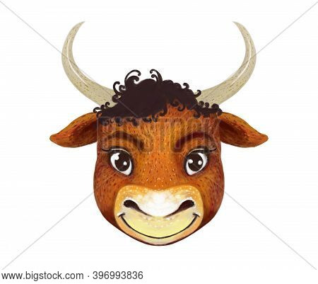Illustration Of A Portrait Of A Cartoon Brown Red Bull With Horns. Smiling Funny Cute Curly Bull On 