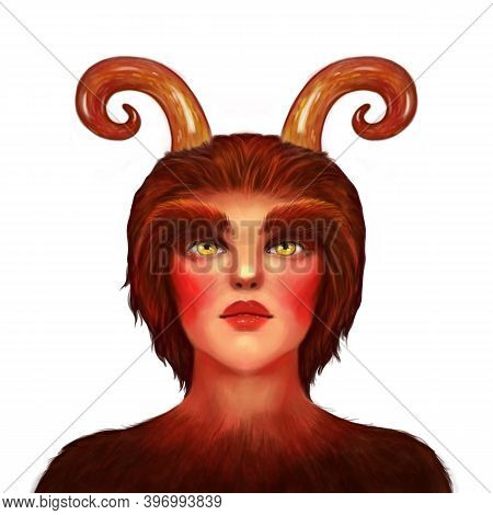 Illustration Of A Portrait Of A Male Faun, A Mythological, Fantasy Creature. Horned Mystical Creatur