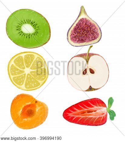 Set Of Hand Drawn Cut Fruits And Berries. Kiwi, Figs, Lemon, Apple, Apricot, Strawberry. Texture Dra