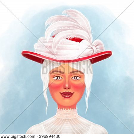 Illustration Of A Portrait Of A Girl In The Style Of The 19th Century, In A Hat With Feathers And A 