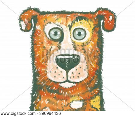 Illustration Of A Funny Comical Cartoon Multicolor Bright Dog, With Spots, Shaggy. A Vivid And Inten
