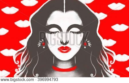 Illustration Portraits Of A Girl With Closed Eyes And Red Lipstick On Her Lips. Graphic Background W