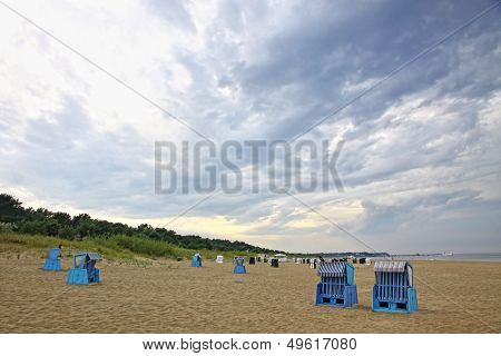 Hooded Beach Chairs At The Baltic Sea In Heringsdorf, Germany