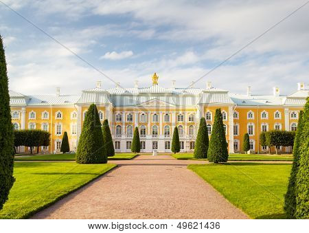 SAINT-PETERSBURG, RUSSIA - JULY 27: Peterhof Grand Palace facade on July 27, 2013 in Saint-Petersburg, Russia. It was built in 1714 as a country residence of Peter The Great.