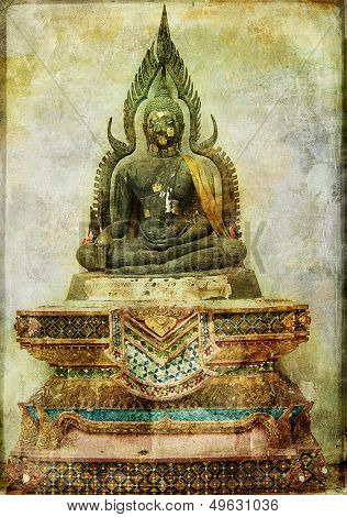 ancient budda statue - vintage card