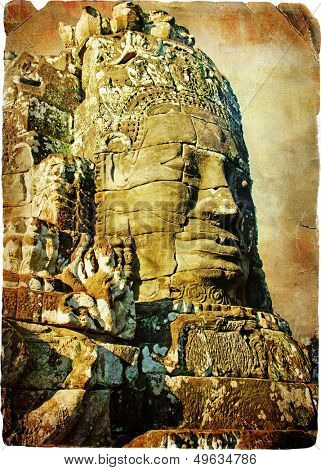ancient Cambodian temple Bayon - artwork in retro style