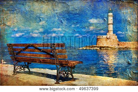 light house and bench (Chania Crete) - artistic picture