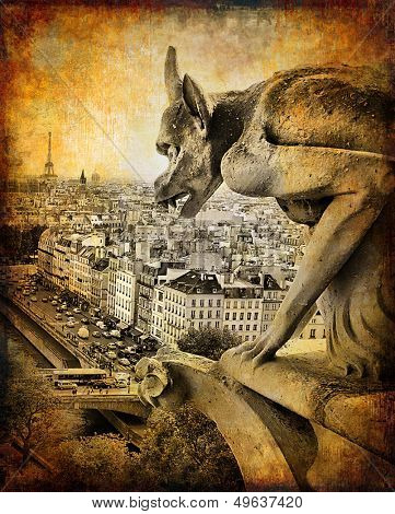 retro card ,Paris, view from Notredame cathedral