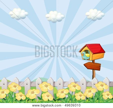 Illustration of a bird at the birdhouse near the wooden fence