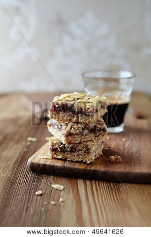 Homemade flapjack with a glass of espresso 